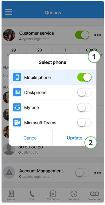Select a device when you register for a phone queue in the Myfone app.