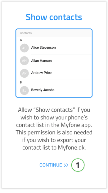 Permission to show mobile contacts from the Myfone app for Android- step 1