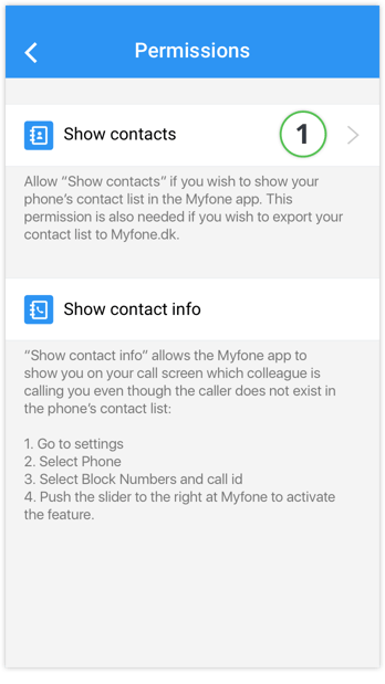 Permissions in the Myfone app